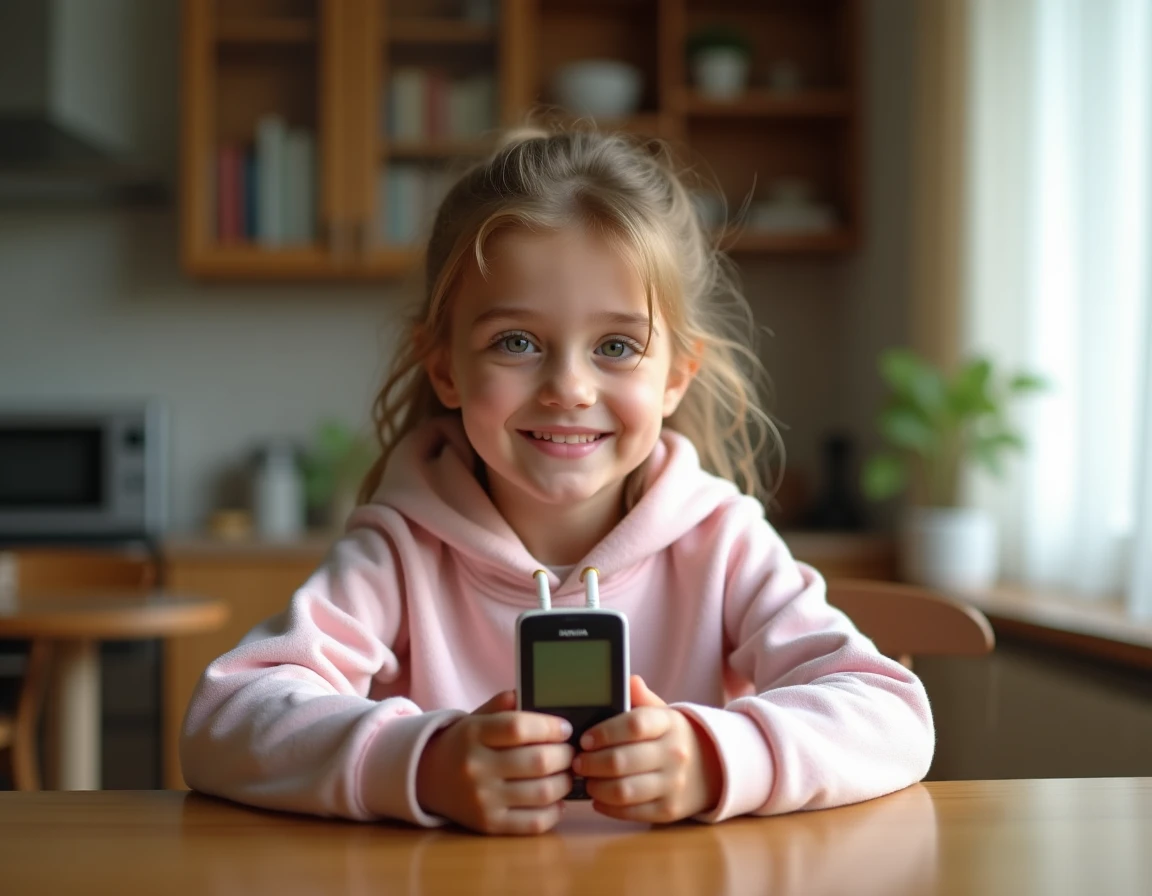 Jeune fille tenant un Nokia 3310 pour enfants à la maison, premier téléphone sans écran addictif