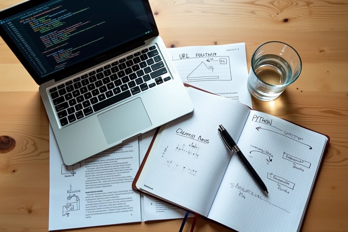 Vue aérienne d'un poste de travail avec un notebook Jupyter Python ouvert et des données scrapées imprimées sur une table en bois
