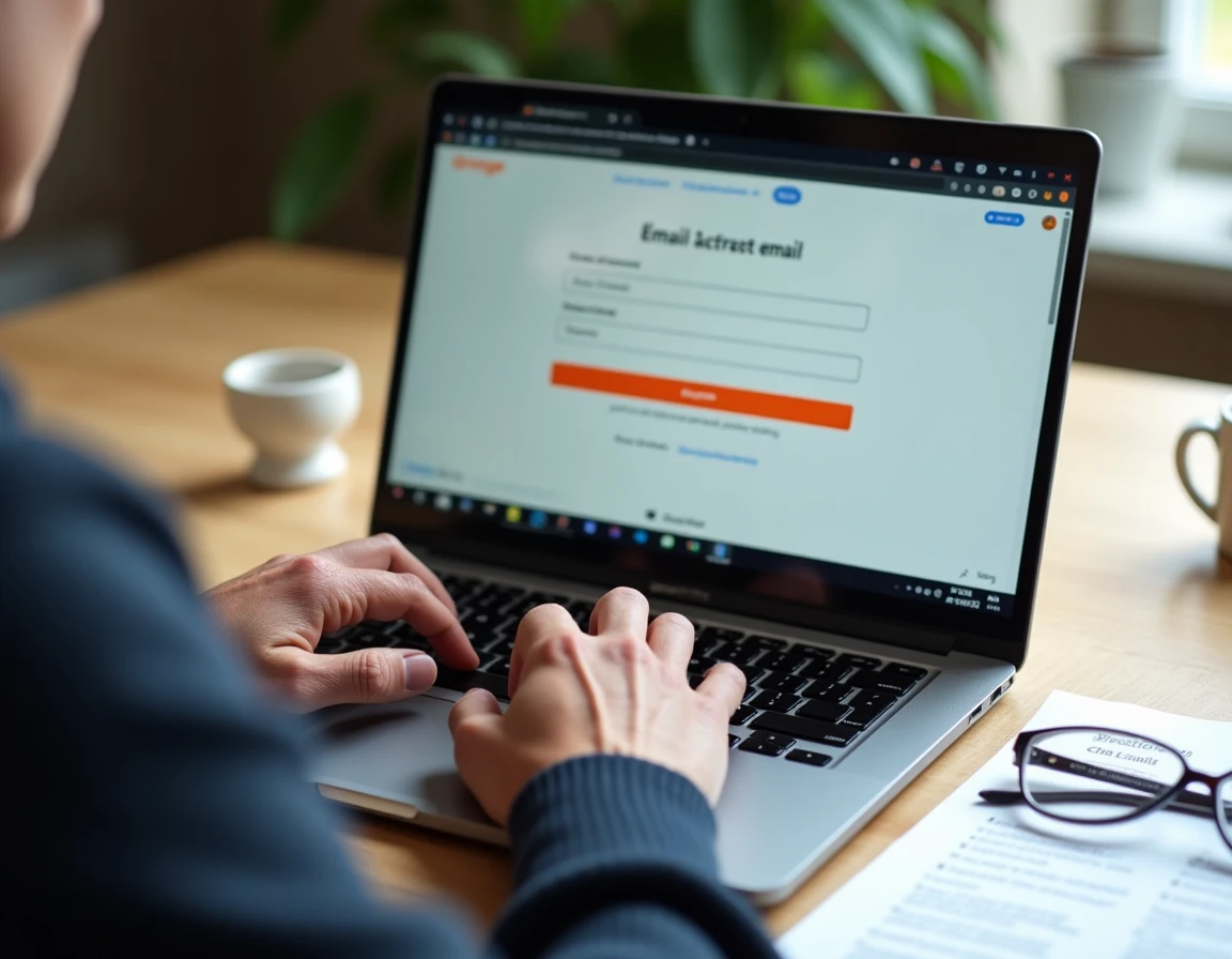 Gros plan sur des mains de senior tapant sur un clavier d'ordinateur pour remplir le formulaire de création de boite mail Orange