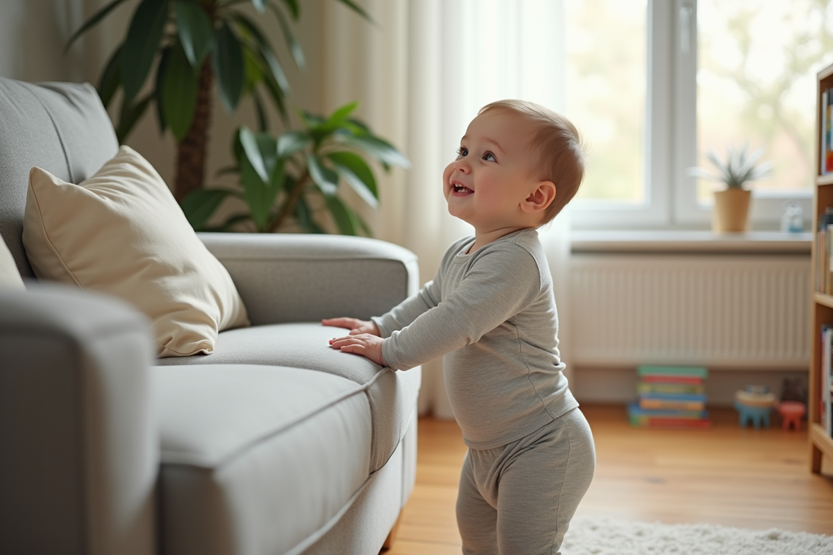 Garçon souriant se tenant au canapé dans un salon lumineux