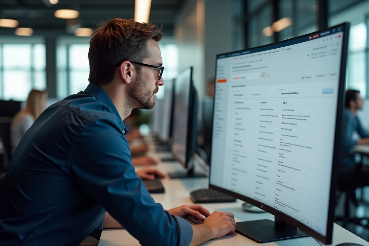 Homme d'affaires gérant les filtres et dossiers de son webmail sur un écran d'ordinateur de bureau en open space