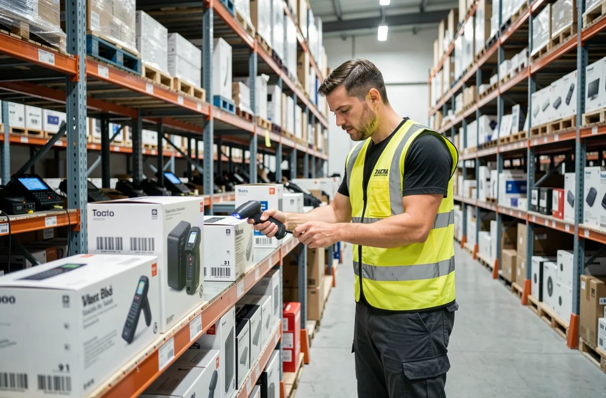 Employé de Global Distribution scannant du matériel informatique dans un entrepôt de distribution