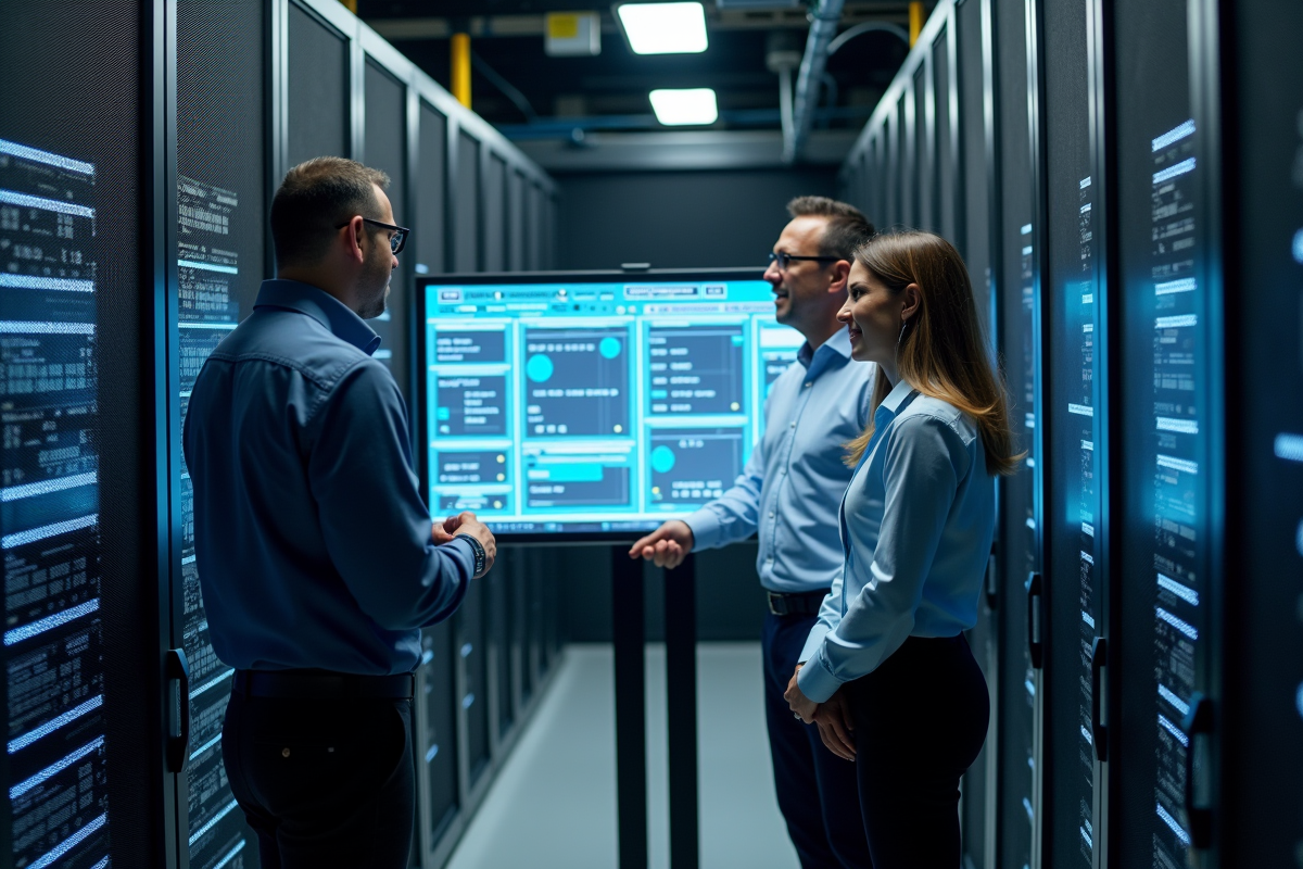 Trois ingénieurs analysant un schema dans une salle serveurs