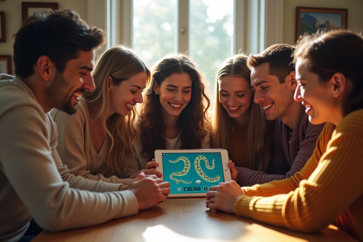 Groupe de personnes jouant à snake sur une tablette