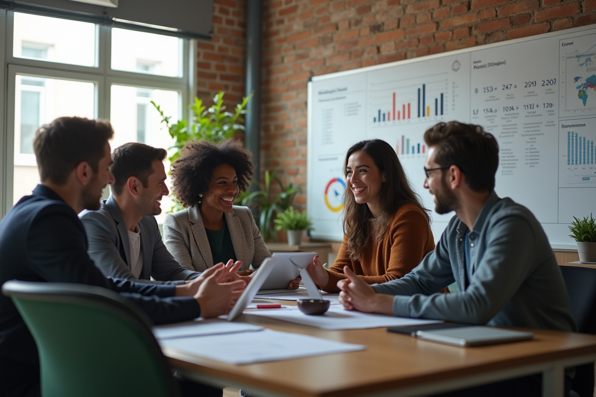 Groupe de jeunes professionnels analysant des données marketing