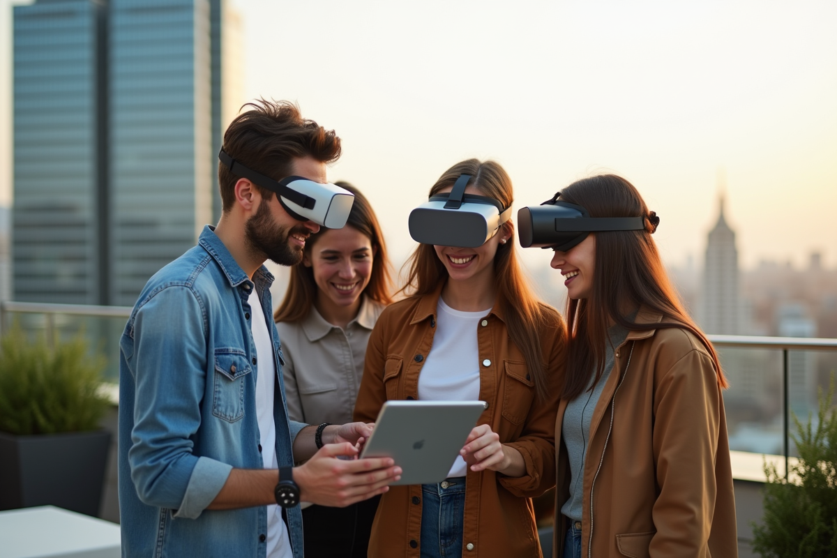 Jeunes adultes collaborant sur un rooftop urbain