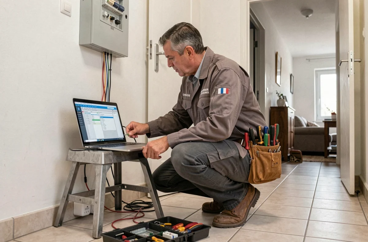 Technicien de Home-Electricity intervenant à domicile sur un tableau électrique et un ordinateur dans le Nord