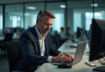 Impacts d’une atteinte aux systèmes d’information : comment agir efficacement ? Homme d'affaires concentré devant son ordinateur en bureau moderne