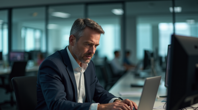 Homme d'affaires concentré devant son ordinateur en bureau moderne