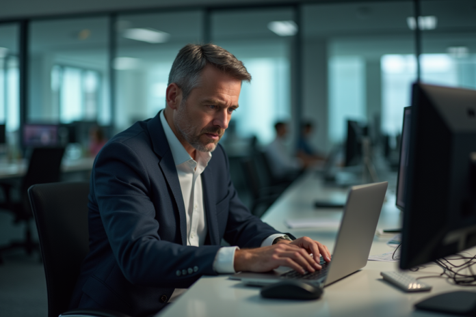 homme-affaires-ordinateur-bureau Homme d'affaires concentré devant son ordinateur en bureau moderne