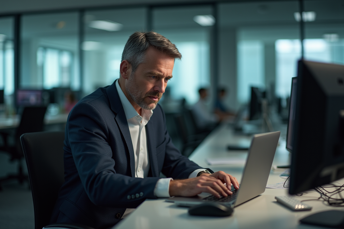Homme d'affaires concentré devant son ordinateur en bureau moderne