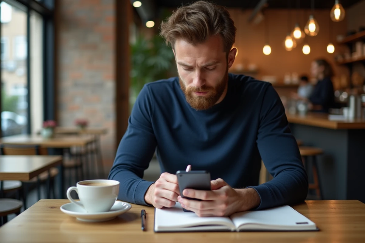 Homme gérant le presse-papier Android dans un café avec un carnet de notes ouvert