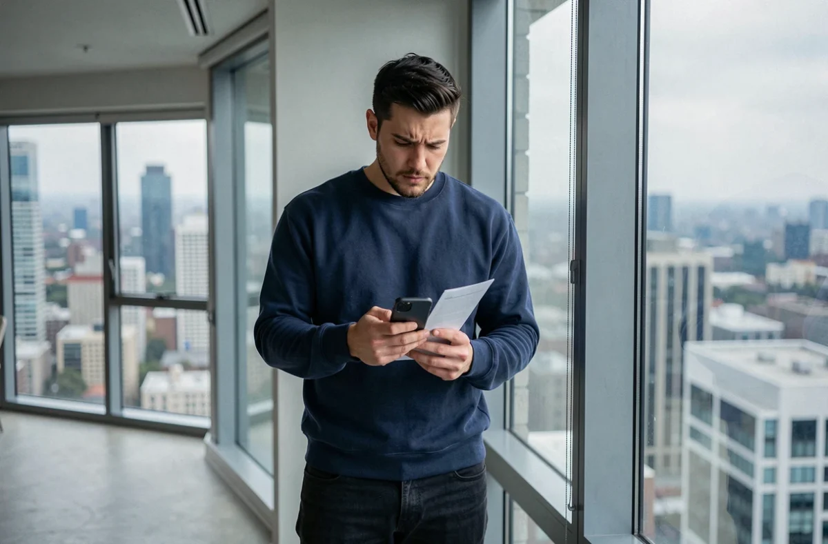 Homme scrutant une page web suspecte sur son téléphone, symbolisant les arnaques liées aux outils de visualisation de stories Instagram