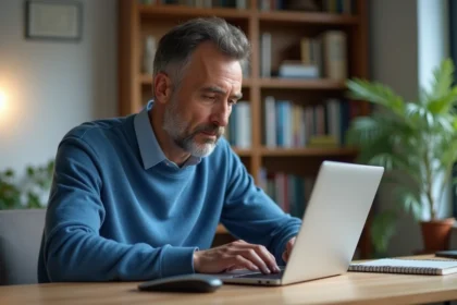 Homme d'âge moyen travaillant à son bureau connecté à internet