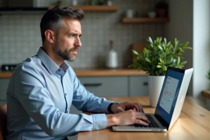 Homme d'âge moyen travaillant à la maison avec erreur sur l'écran