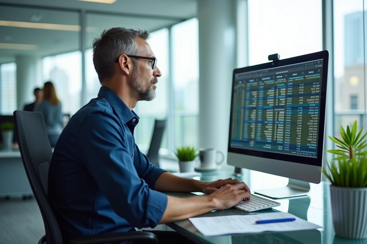 Homme en entreprise consultant un budget annuel sur Excel avec des lignes et colonnes figées sur grand écran