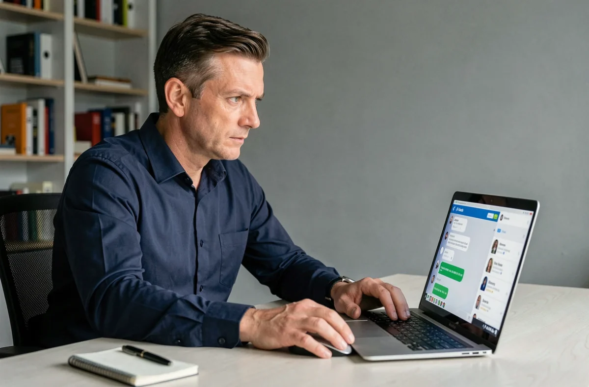 Homme au bureau gérant ses contacts sur une application de messagerie depuis un ordinateur portable