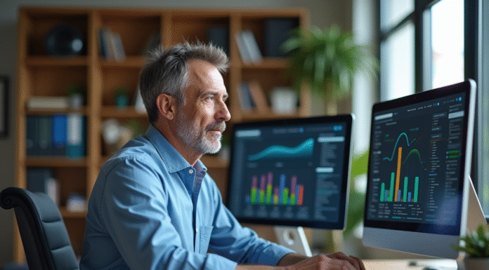Homme d'âge moyen travaillant sur un ordinateur dans un bureau moderne