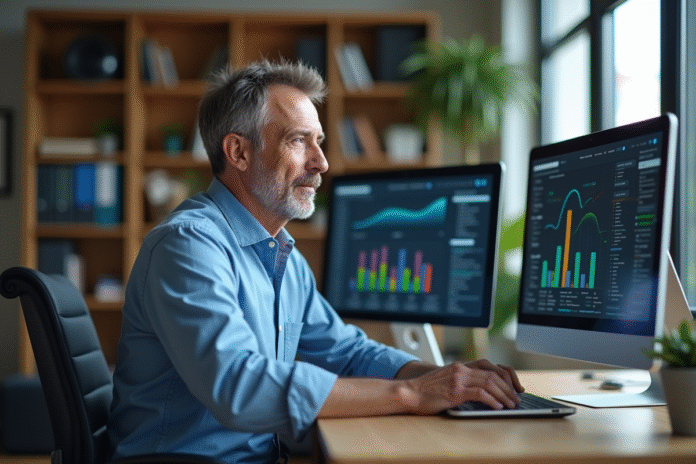 Homme d'âge moyen travaillant sur un ordinateur dans un bureau moderne