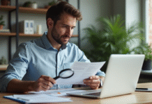 Homme en bureau moderne examinant un document avec loupe