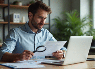 OCR PDF : Comment vérifier la présence de reconnaissance de caractères ? Homme en bureau moderne examinant un document avec loupe