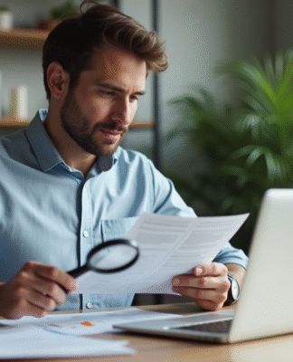 Homme en bureau moderne examinant un document avec loupe