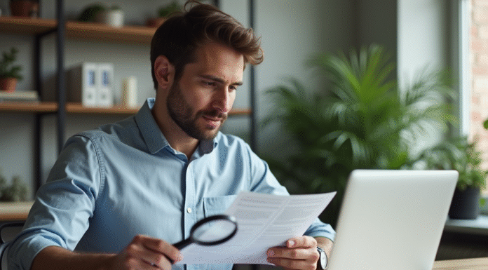 Homme en bureau moderne examinant un document avec loupe