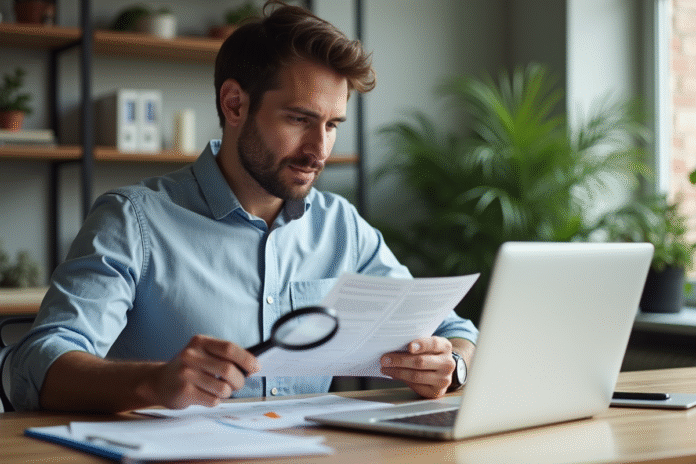 Homme en bureau moderne examinant un document avec loupe