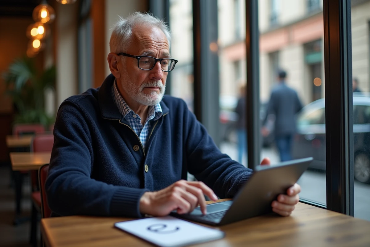 Homme âgé expliquant des raccourcis clavier dans un café parisien