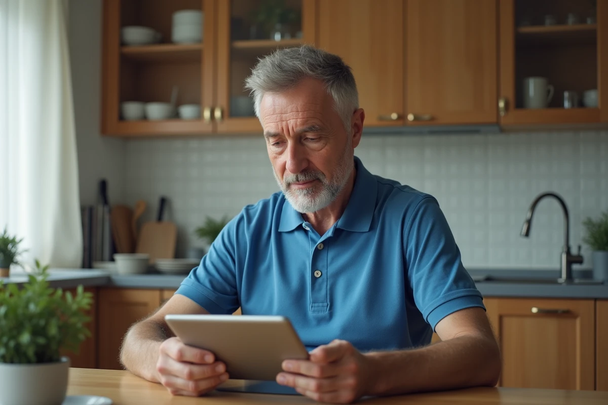 Homme au domicile resolvant un probleme de connexion sur sa tablette