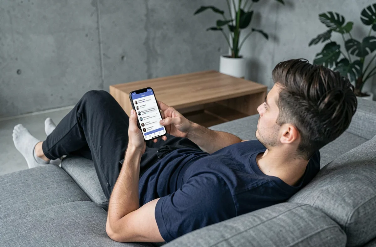 Homme utilisant l'application Discord sur smartphone avec mise en forme italique dans un salon moderne