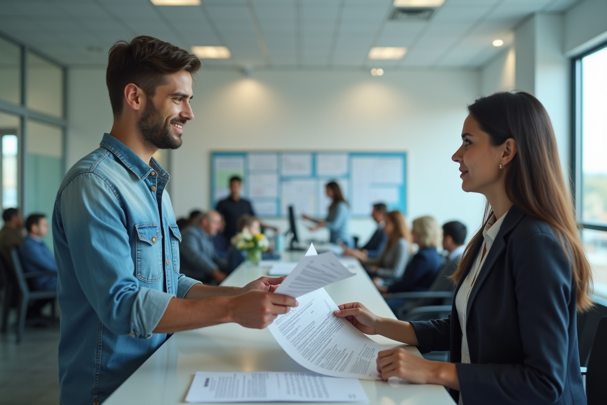 Homme remettant des papiers à un agent dans un bureau gouvernemental