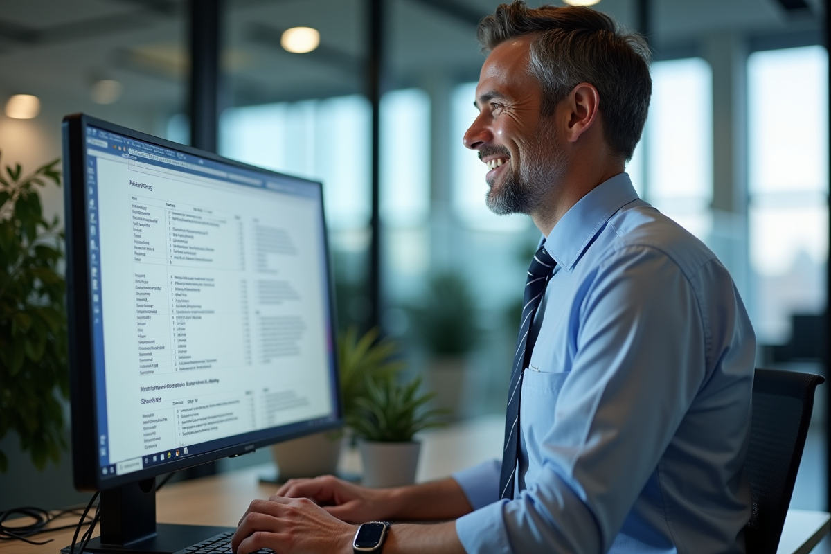Homme souriant analysant un document complexe sur grand écran