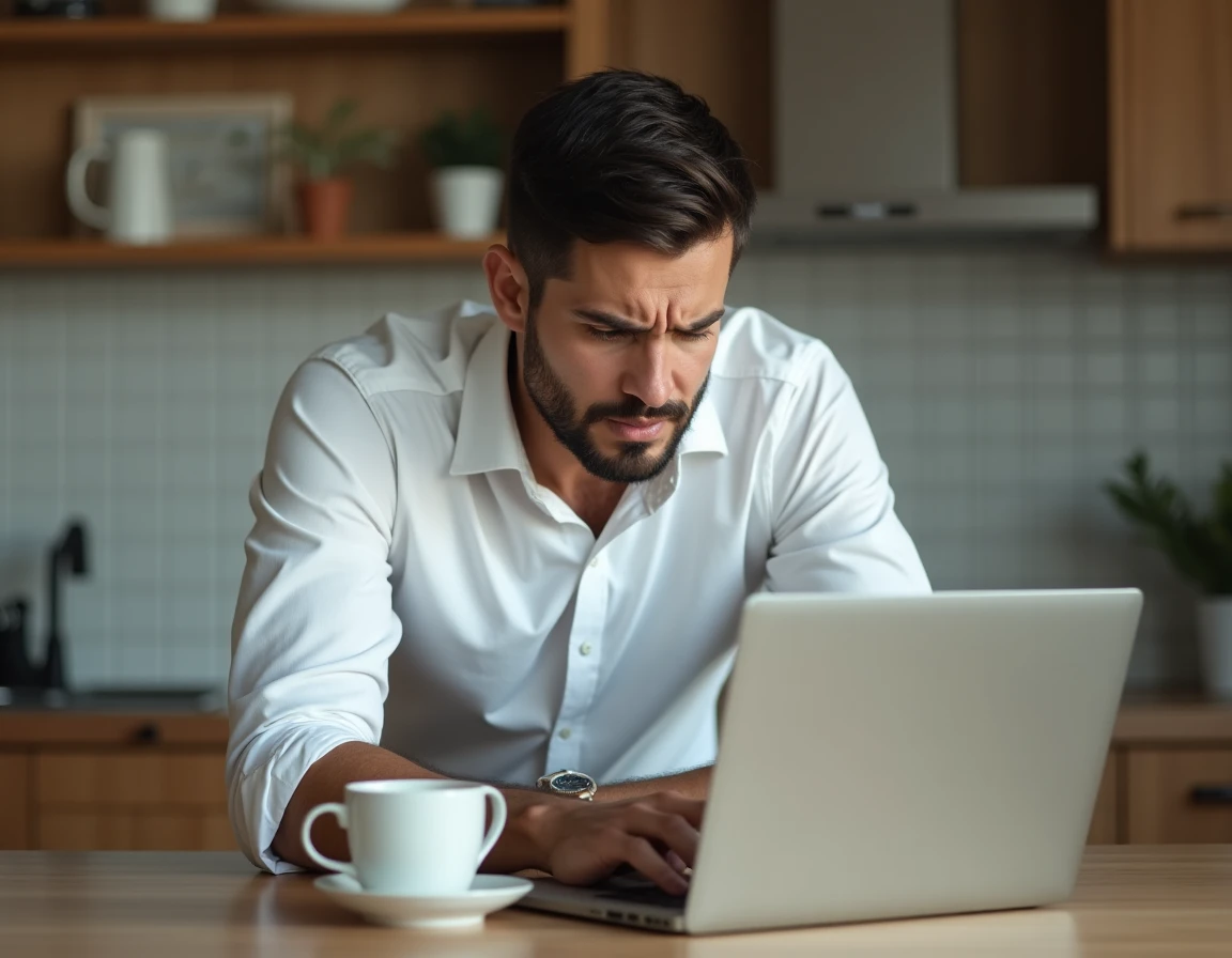 Homme à domicile face à une erreur sur la plateforme Mélanie Web avec un air concentré