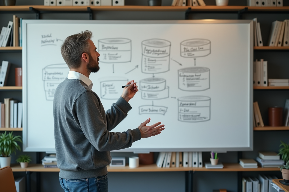 Homme expliquant un diagramme de base de donnees