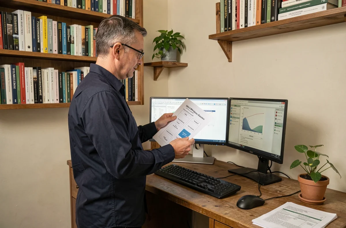 Homme consultant une fiche de conversion d'octets imprimée dans un bureau à domicile bien équipé