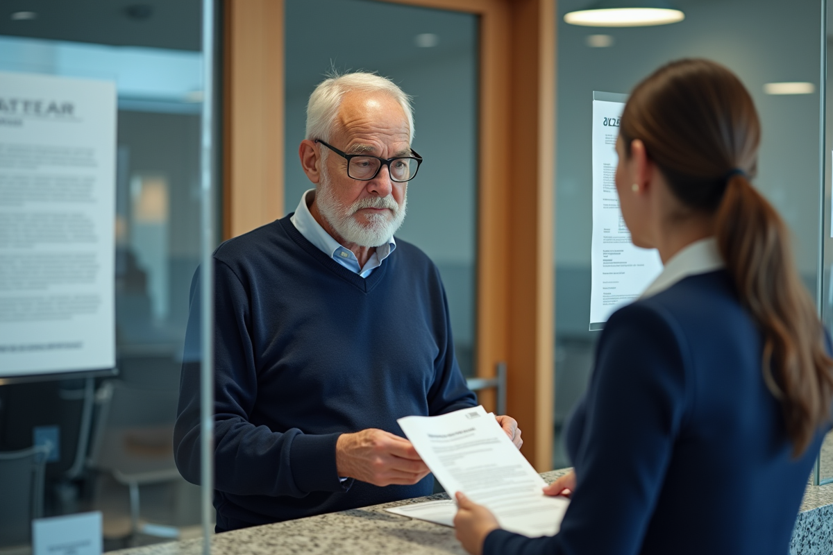Homme français présentant papiers dans un bureau administratif