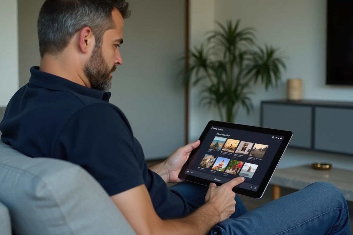 Homme consultant et organisant ses albums Amazon Photos sur une tablette dans un salon moderne