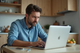 Homme concentré regardant son ordinateur portable en cuisine