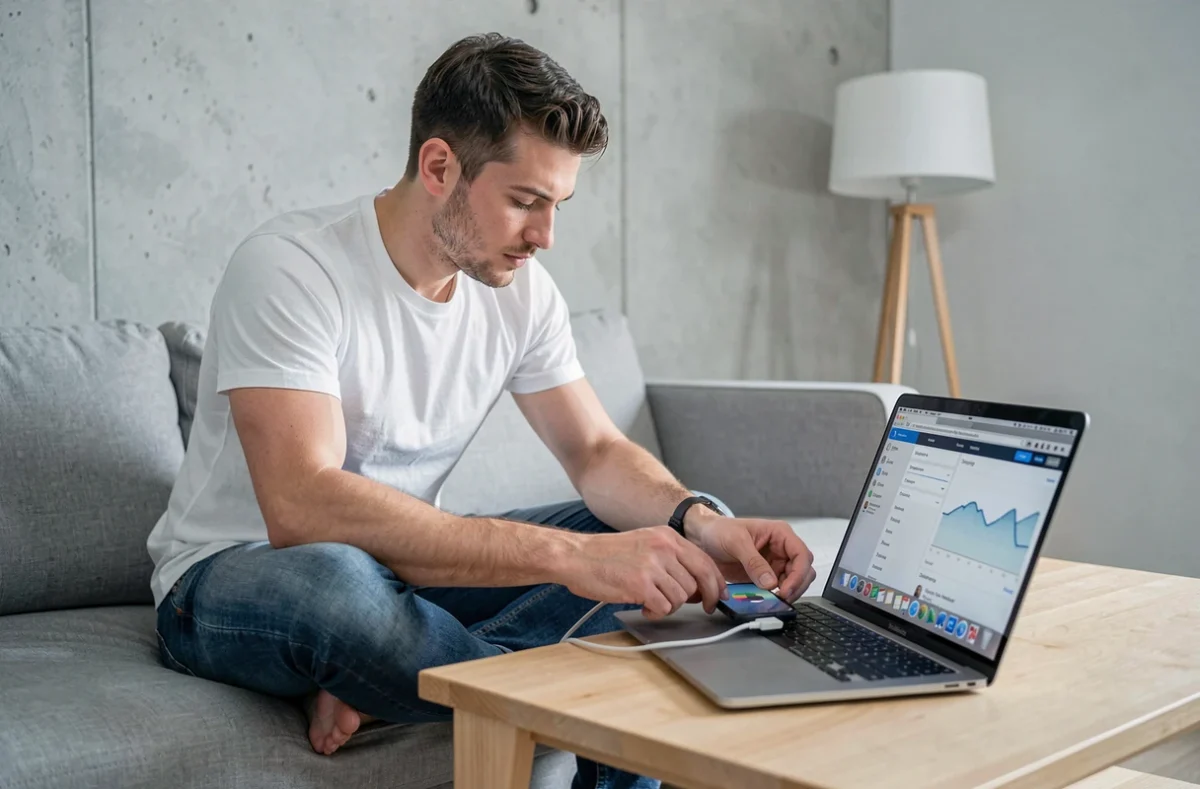 Homme connectant un iPhone à un MacBook pour récupérer des photos supprimées définitivement avec un logiciel de récupération de données