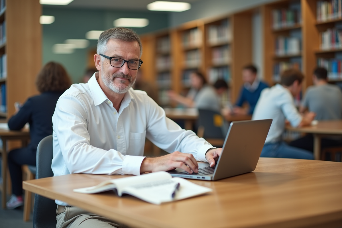 Homme lisant et écrivant dans une bibliothèque lumineuse