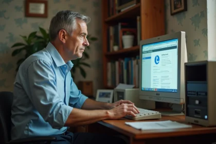 Homme d'âge moyen utilisant un ordinateur vintage dans un bureau