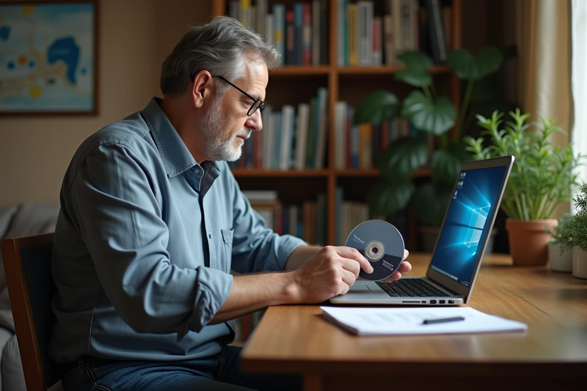Homme d'âge moyen utilisant un ordinateur Windows 7 à la maison