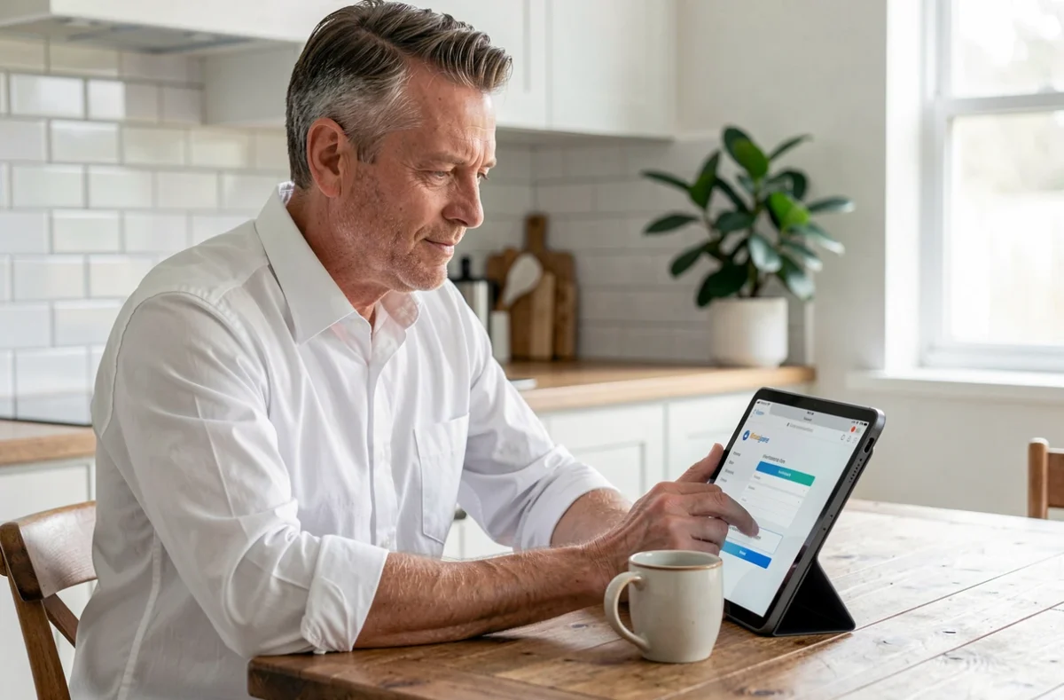 Homme configurant un compte mail AOL sur sa tablette posée sur une table de cuisine en bois