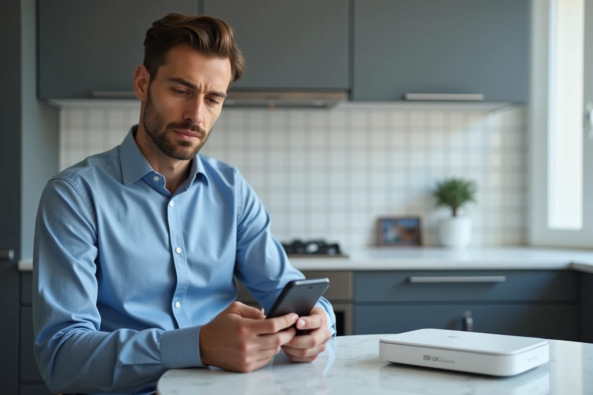 Homme consultant les paramètres WiFi de sa Bbox depuis son smartphone dans une cuisine moderne