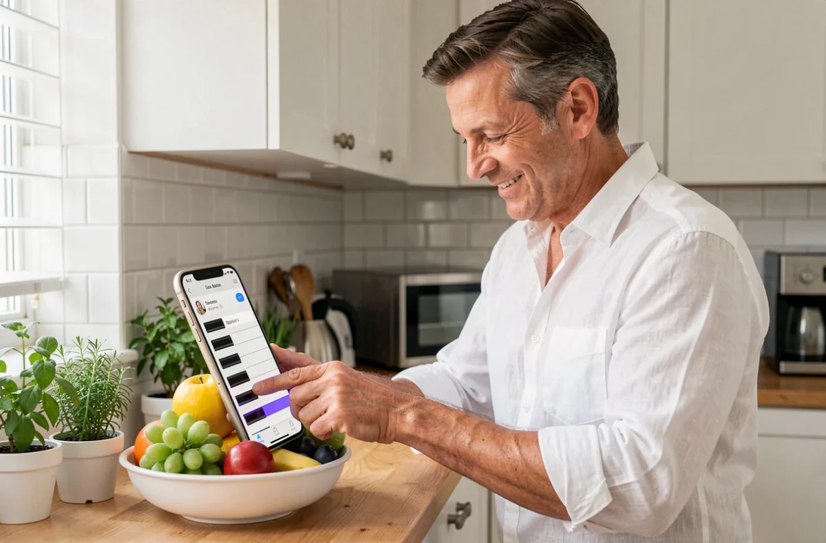Homme adulte utilisant un piano virtuel gratuit sur smartphone dans une cuisine moderne
