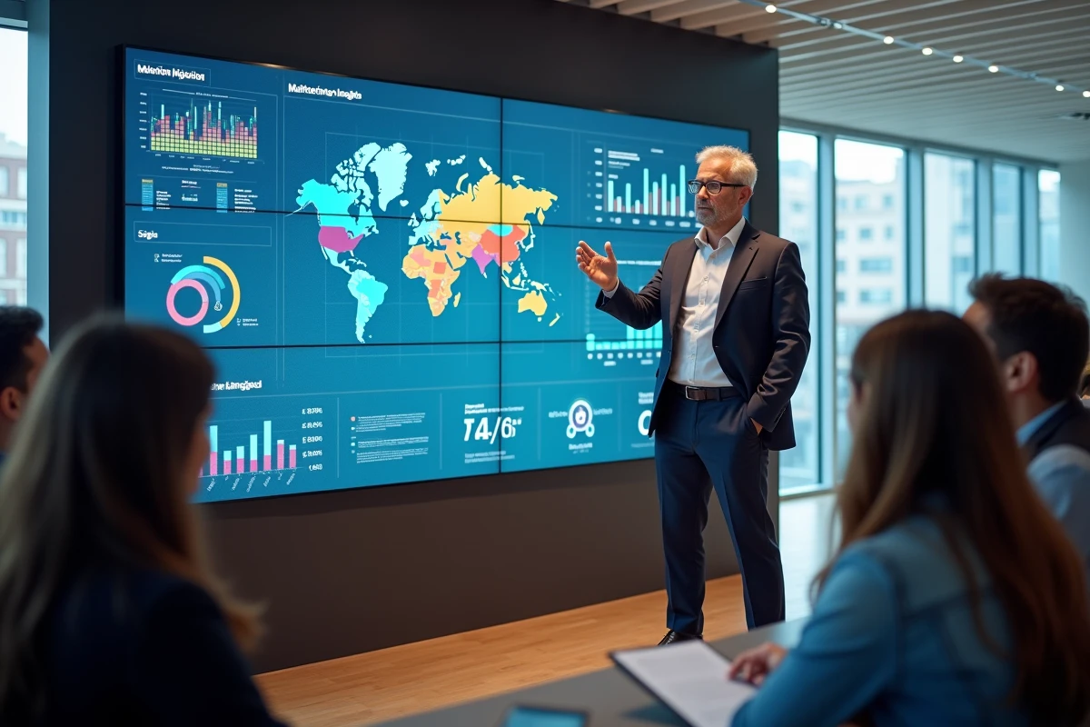Homme en présentation de données marketing interactives