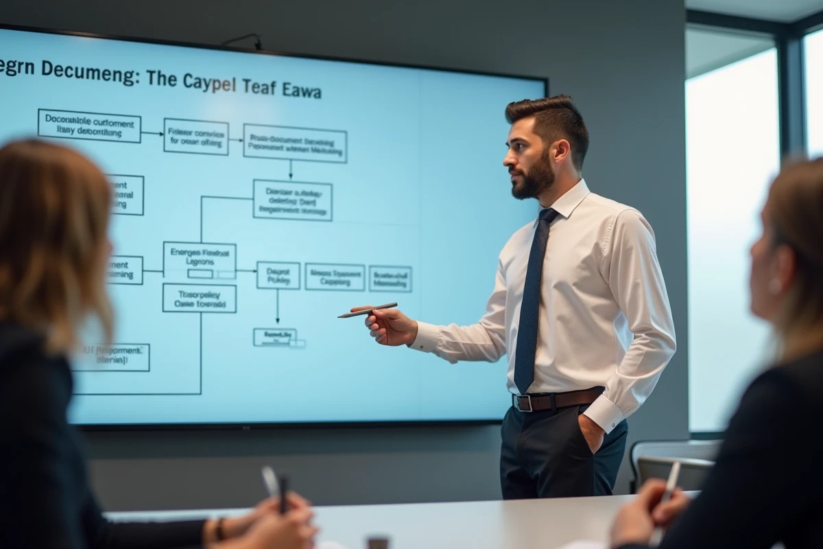 Homme en chemise blanche montrant un diagramme legal