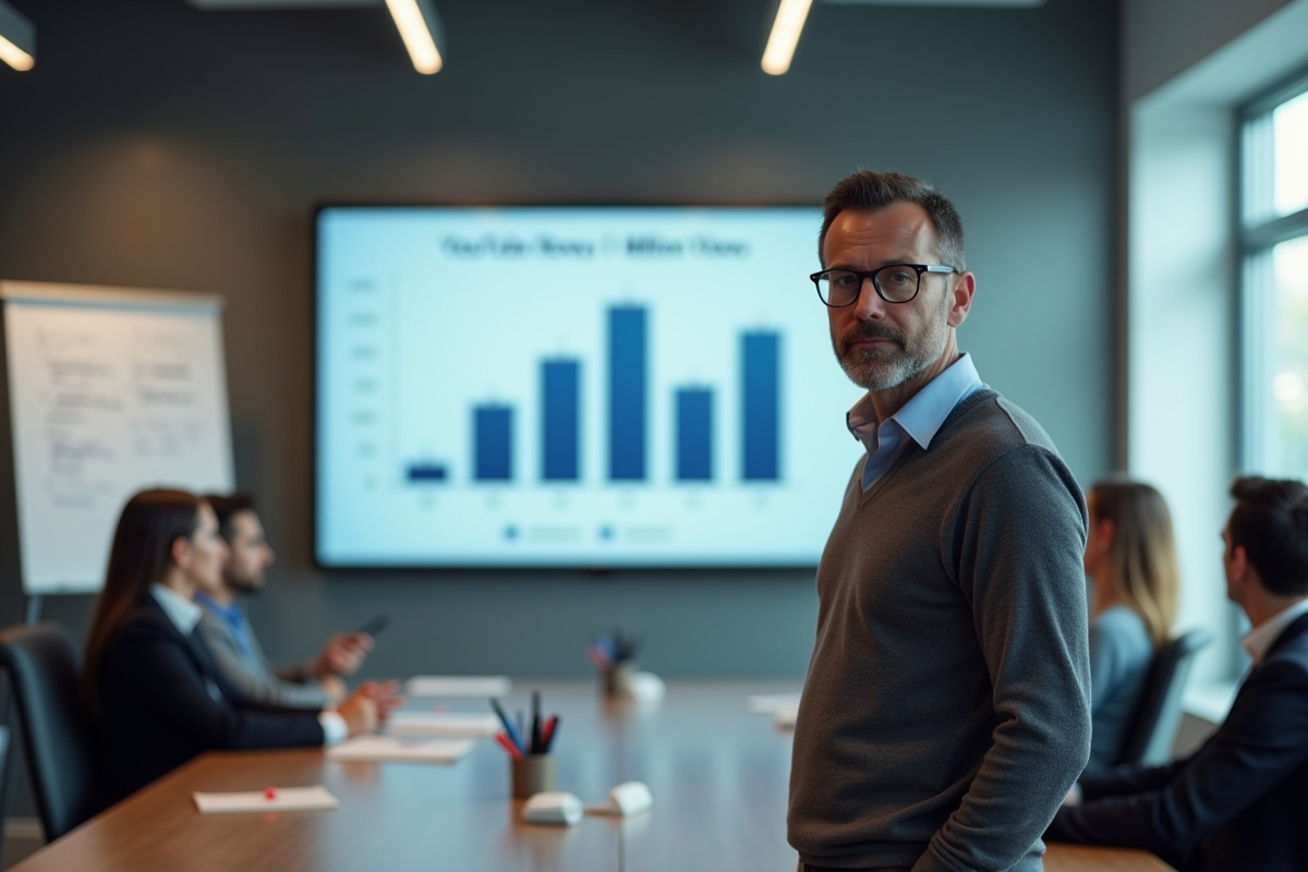 Homme présentant le revenu YouTube devant un graphique en réunion