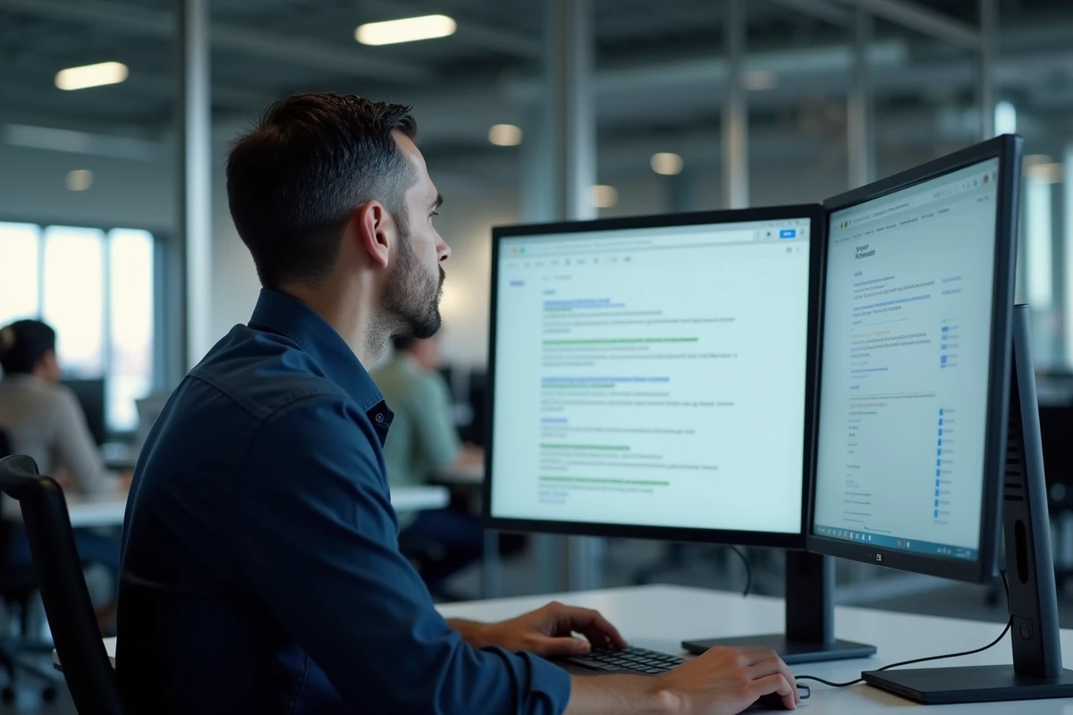 Homme professionnel effectuant des recherches avancées sur Google dans un bureau moderne avec double écran
